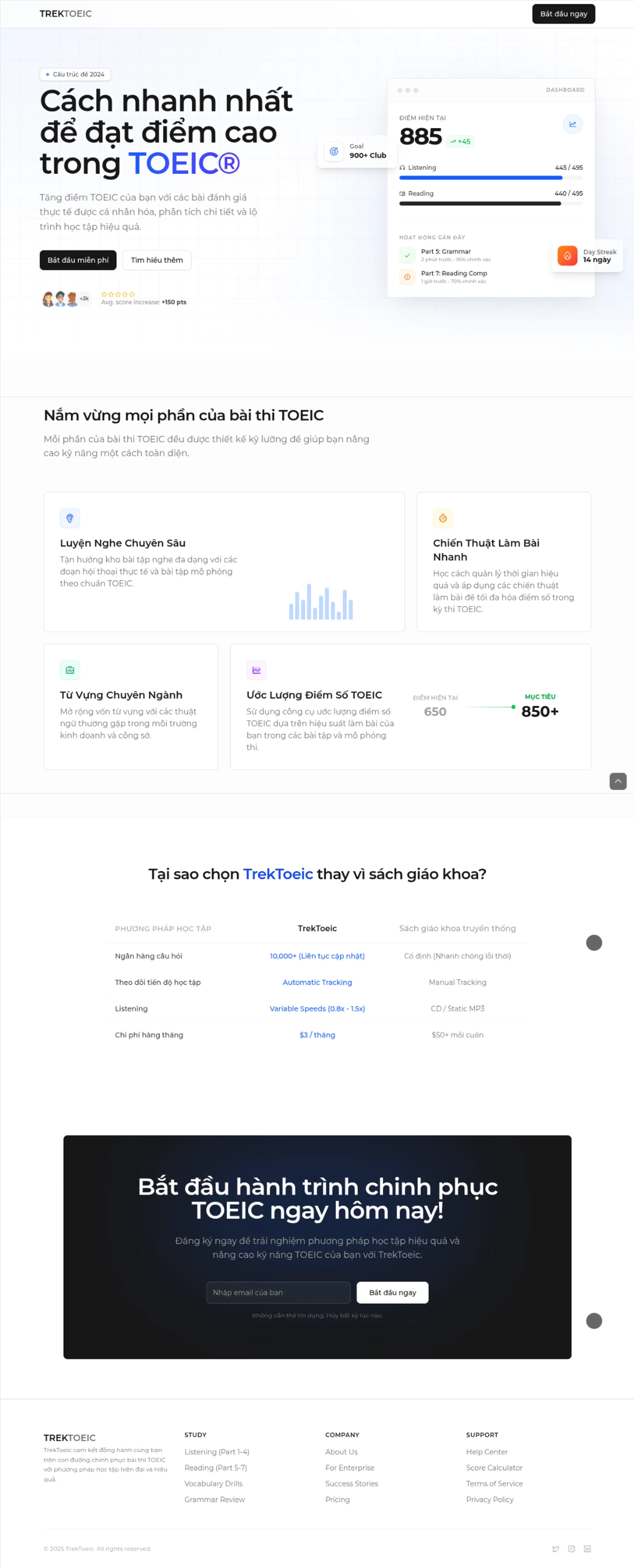TrekToeic full-page landing page preview